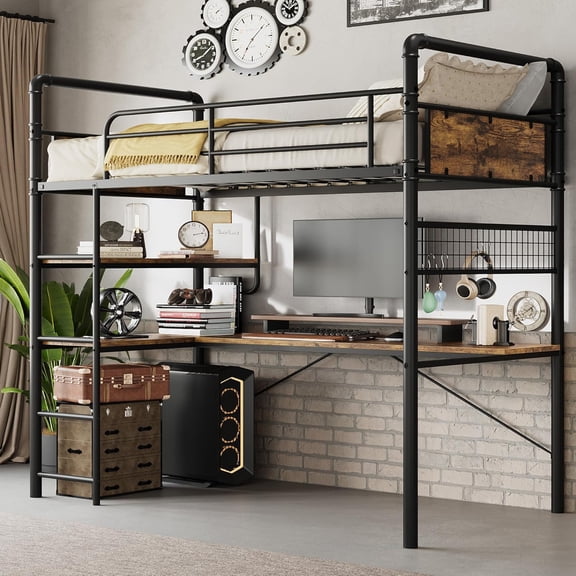 Twin Metal Loft Bunk Bed – L-Shaped Desk Underneath, High Guardrail, Ladder Included, Easy Assembly, Adult Use, Vintage Brown