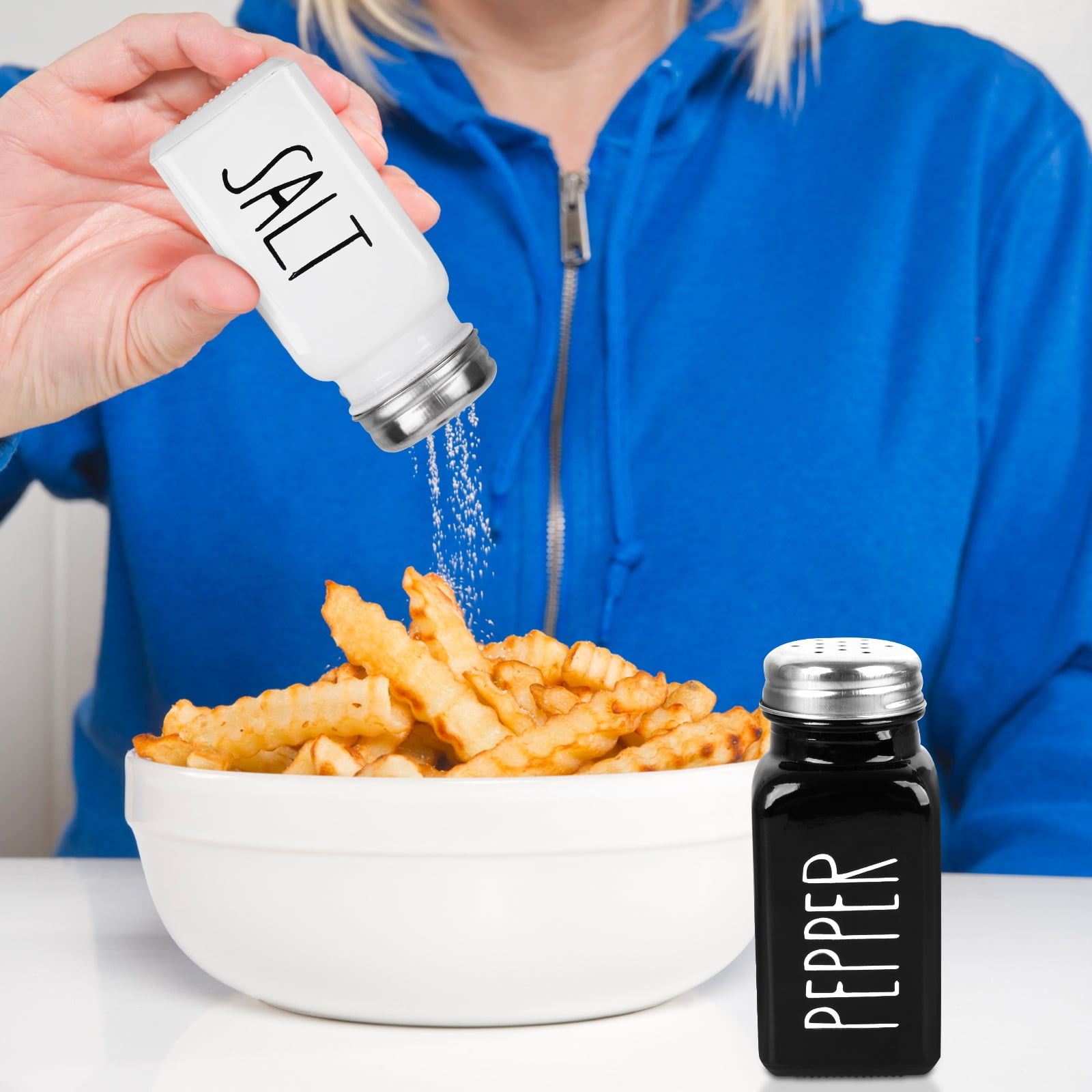 PECULA 2 Pack Salt and Pepper Shakers Set, Glass Salt Shaker with Stainless Steel Lid, Modern and Cute Farmhouse Salt and Pepper Set (Black and White)
