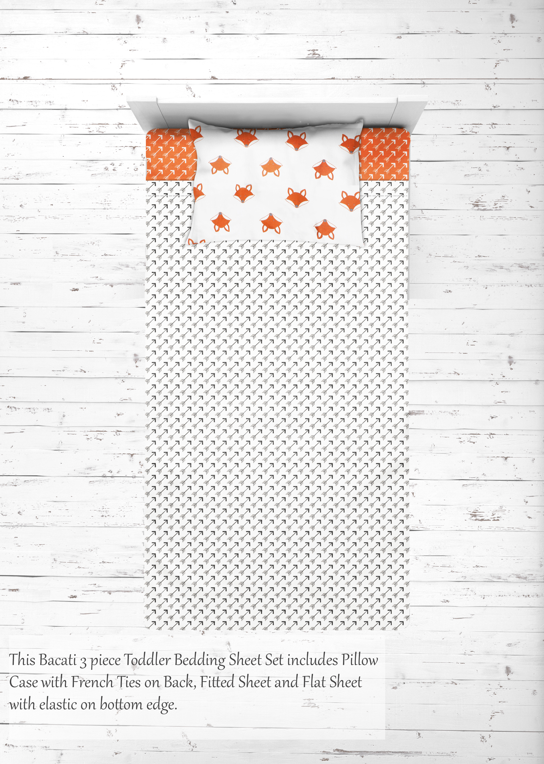 Bacati - Playful Foxs 3-Piece 100% Cotton Percale Toddler Sheet Set, Orange/Gray