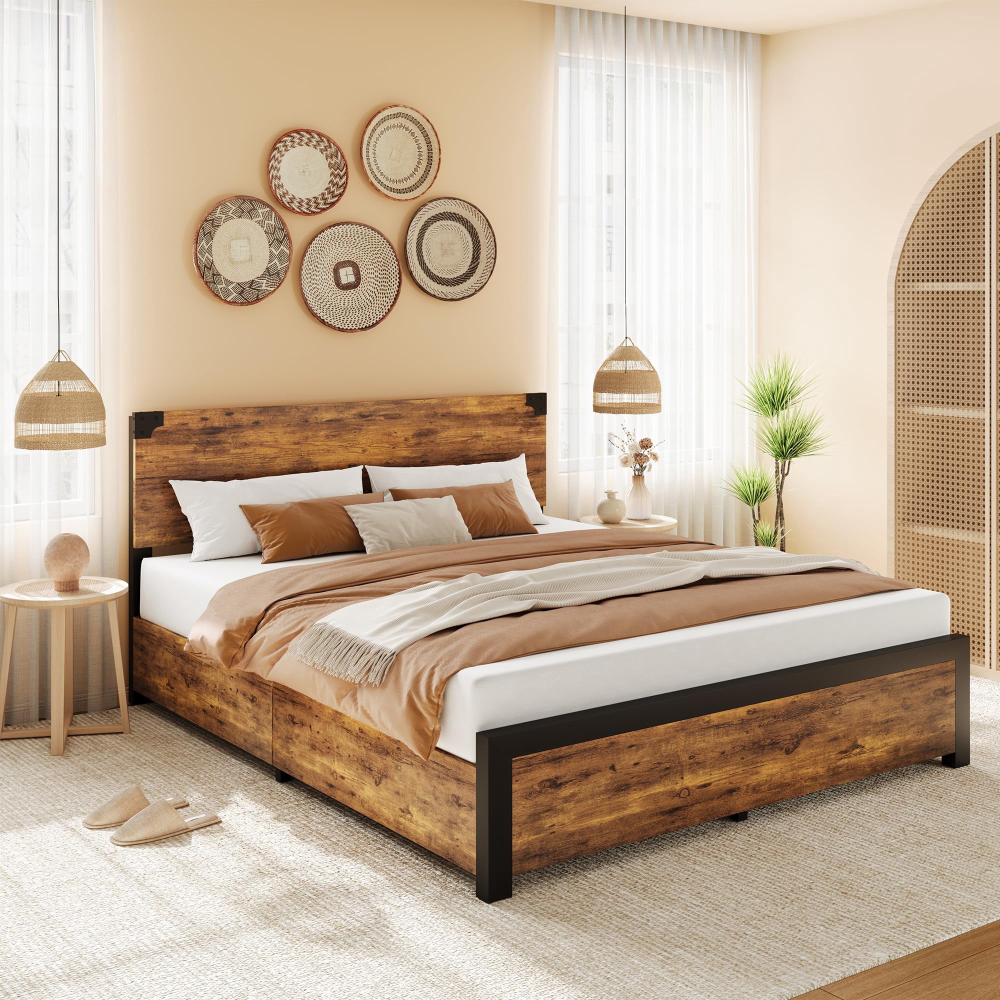 Queen Size Bed Frame with Wood Headboard, King Platform Bed Frame with Under Bed Storage and Metal Legs, Noise Free, No Box Spring Needed, Easy Assembly-Rustic Brown