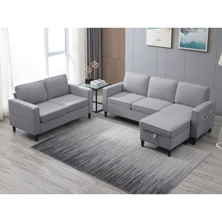 Puremind 2 Piece Sofa Set for Living Room, Modern Linen Fabric Sofa and Loveseat Set, L Shape Sectional Sofa Set, 2 Piece Couch Set for Apartment/Small Space, Light Gray