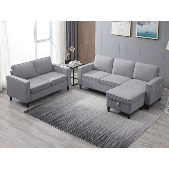 Puremind 2 Piece Sofa Set for Living Room, Modern Linen Fabric Sofa and Loveseat Set, L Shape Sectional Sofa Set, 2 Piece Couch Set for Apartment/Small Space, Light Gray