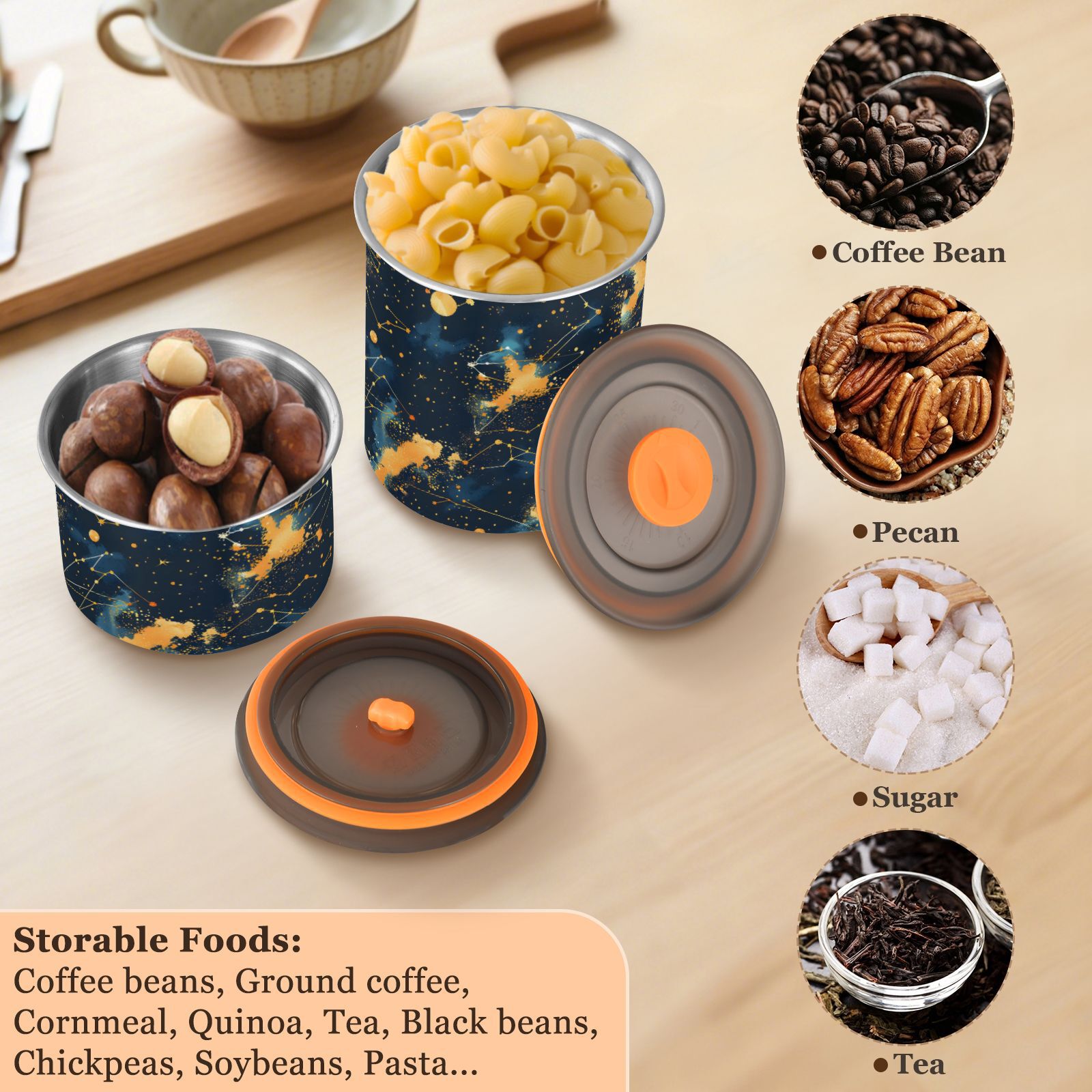 Constellation Starry Sky Airtight Coffee Bean Canister 30oz Food Storage Containers with Lids For Gournd, Tea, Sugar, Flour, Rice, Cereal, Candy Cookie Jar