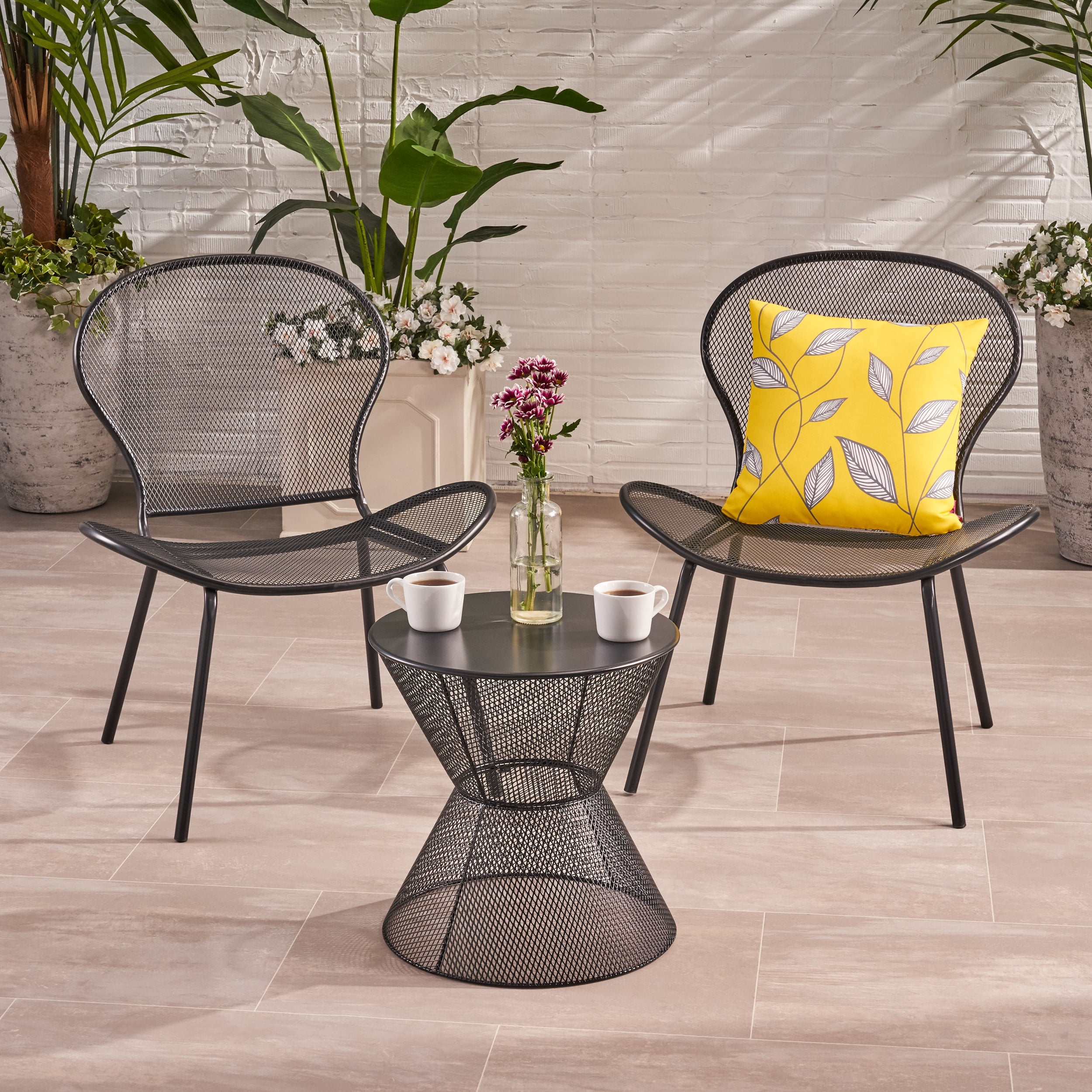 Kreighton Modern Outdoor 2 Seater Iron Chat Set with Side Table, Matte Black