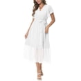 thumbnail image 2 of Aiyino Women Summer Bohemian Floral Casual Wrap V Neck Ruffle Cap Sleeveless Belt A-Line Pleated Hem Swing Midi Sun Dress，Dot White, 2 of 8