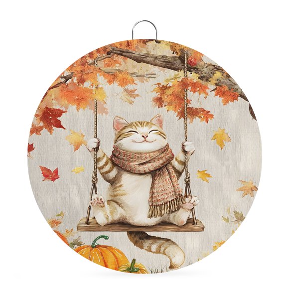 Welcome Sign for Front Door, Fall Cat Round Metal Wall Art Wreaths, Orange Maple Leaf Pumpkins Thanksgiving Outdoor Indoor Wall Hanging Sign for Porch Decor Housewarming Gifts 7.9 Inch