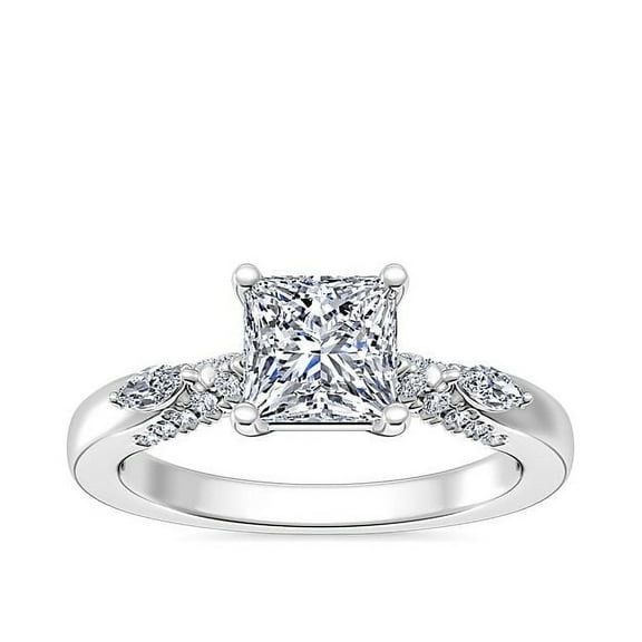 0.70 Carat Sparkle Solitaire with Accents Princess Cut Natural Diamond Ring for Engagement in Solid 14K White Gold Size 7