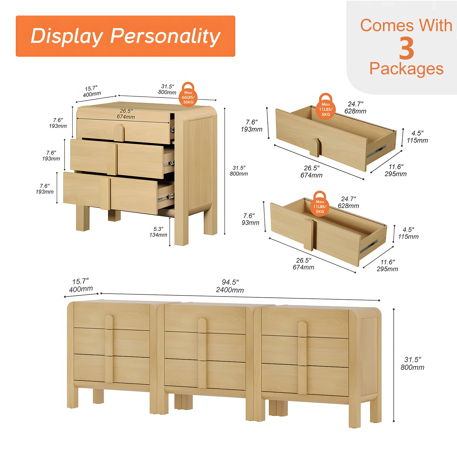 Dresser for Bedroom, Mid Century Chest of Drawers with Storage, 9 Drawer Dresser with Curved Profile Design, Wooden Modern Dresser for Living Room, Bedroom, Entryway