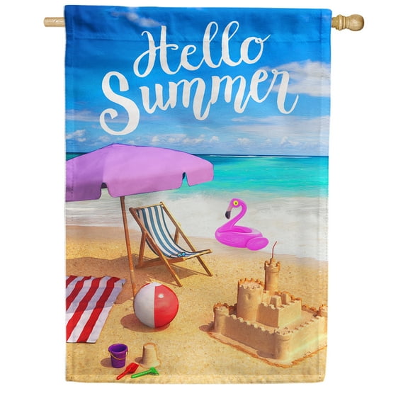 America Forever Hello Summer Tropical Beach House Flag 28 x 40 inches Fun in the Sun Beach Ball Pink Flamingo Floater Double Sided Seasonal Yard Outdoor Decorative Nautical House Flag