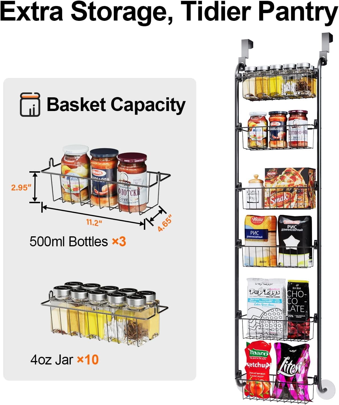 Delamu 6-Tier Over the Door Pantry Organizer, Metal Pantry Organizers and Storage, Pantry Door Organizer for Easy Install, D5 x W13 x H50 inch, Black
