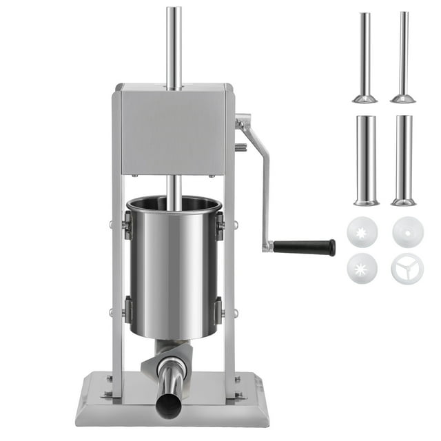KFFKFF Hand-Operated Sausage Filler, 5LBS/3L Volume, Dual-Speed, Made of 304 Stainless Steel, Vertical Design, Includes 4 Filling Nozzles, Secure Suction Base, Suitable for Home or Business
