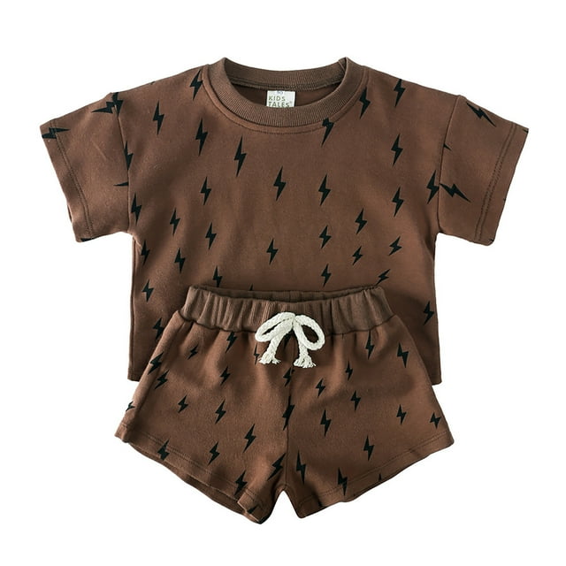 Chemises Garçons Enfants Été Manches Courtes T-Shirt Imprimé Mignon Ensemble Short à Cordon Marron 3-4 Ans