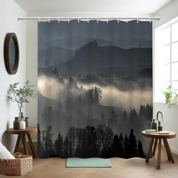 Dark Grey Misty Forest Fabric Shower Curtain Nature Tree Landscape Bath Curtains Rustic Bathroom Decor with Hooks 72Wx72L Inch