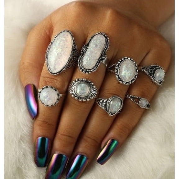 Geometric Rings Set with Round and Oval Gemstones Vintage Alloy Inlaid Artificial and Semi-Precious Stone 8 Piece Knuckle Ring Set for Women