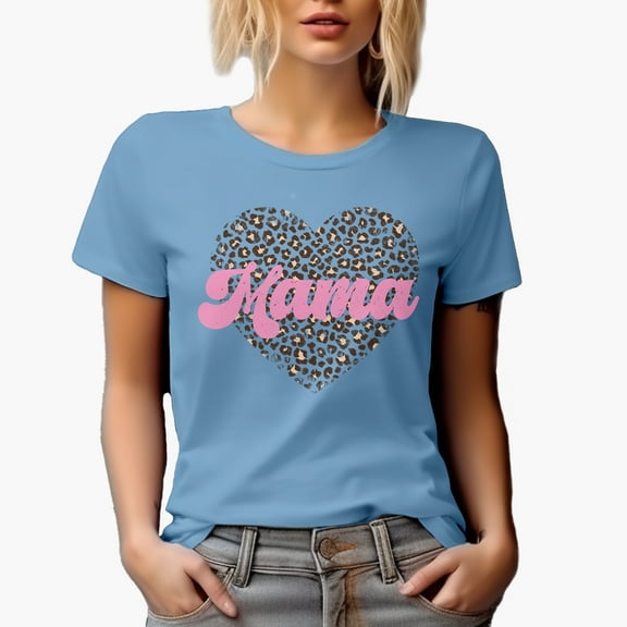 Distressed Mama - Leopard Print Heart, Mother's Day Merch Gift, Baby Blue T-Shirt, Large