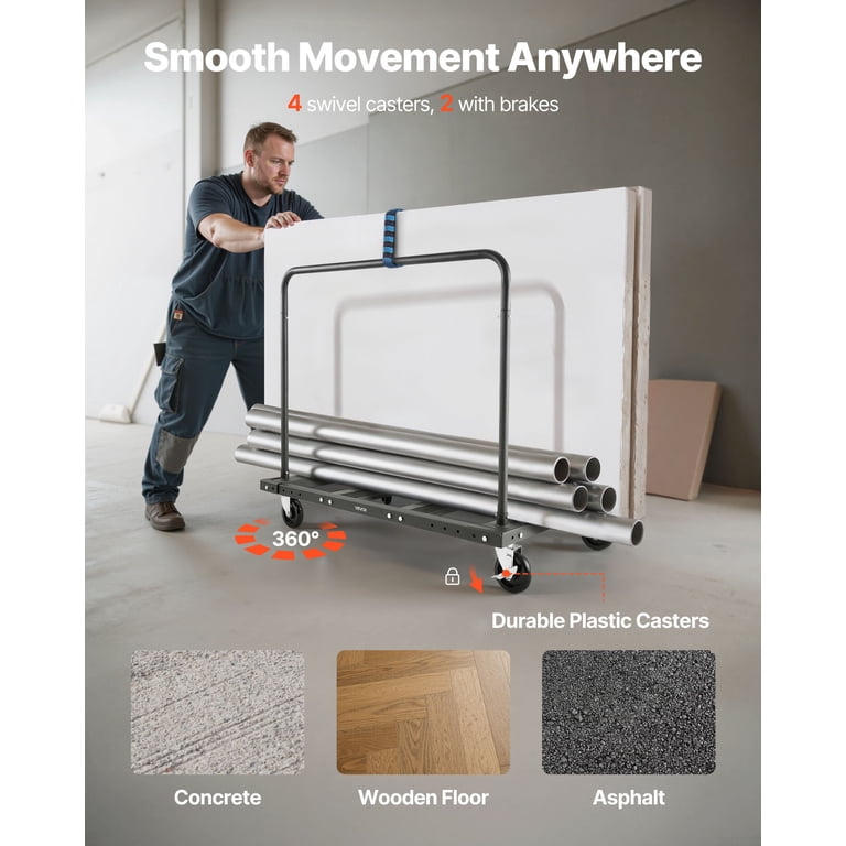 VEVOR 1800 Lbs Capacity Foldable Drywall Cart Dolly - Expandable Deck, 4 Swivel Casters, W/ Tie-Down Strap