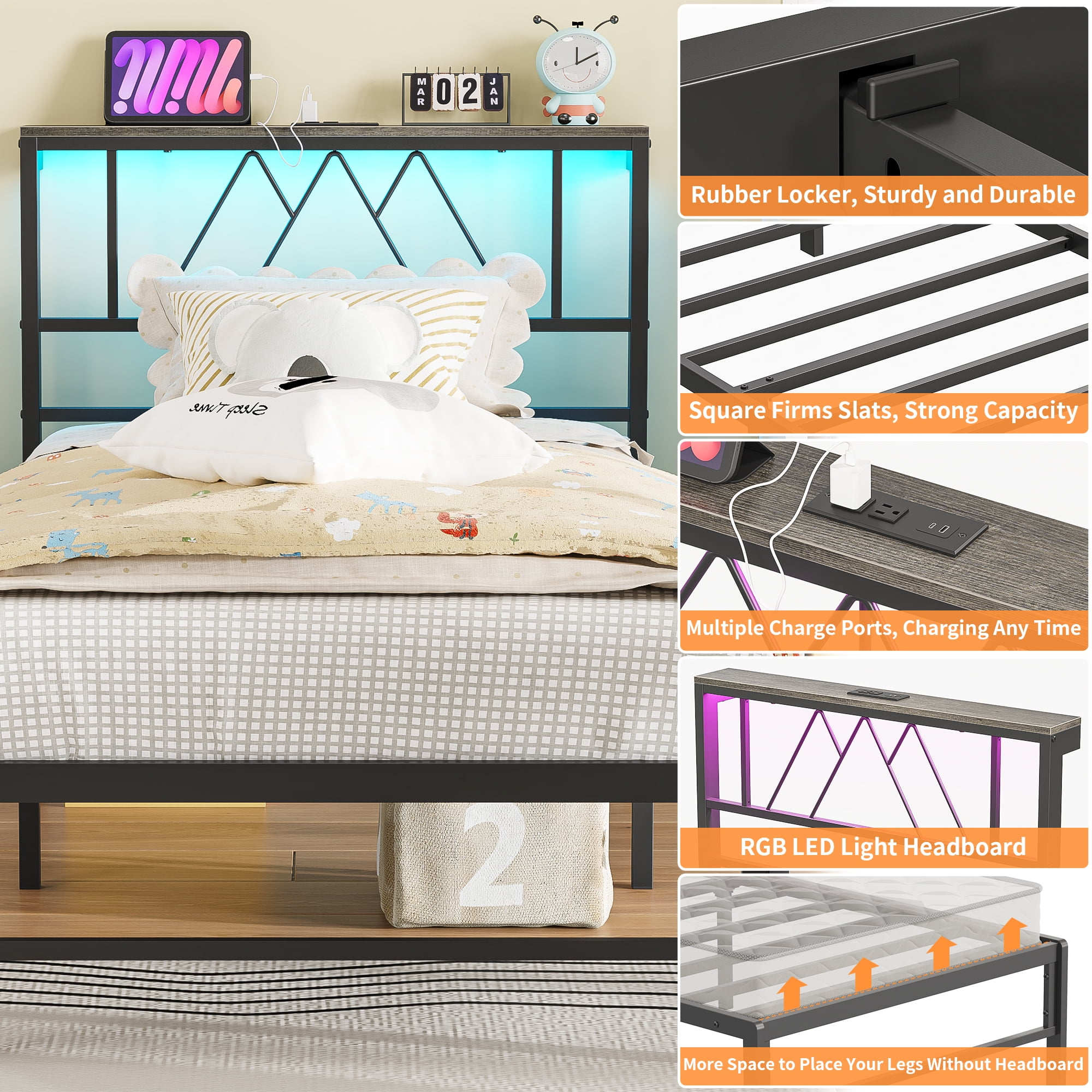 Yoneston Twin Size Platform Bed Fame with LED and Charging Station Storage Headboard No Box Spring Need for Kids Furniture, Black