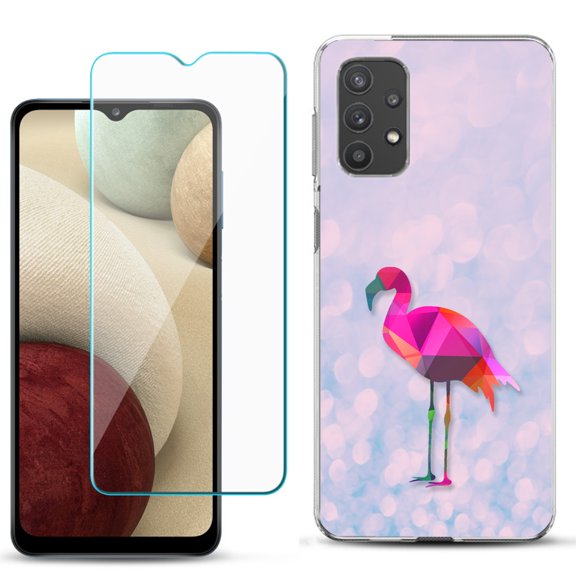 Slim-Fit TPU Phone Case compatible with Samsung Galaxy A32 5G, with Tempered Glass Screen Protector, by OneToughShield ® - Flamingo / Polygon