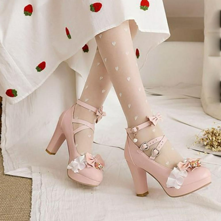 YUHAOTIN Silver High Heels for Women Platform Sweet and Fresh Lace Bow Thick Sole Buckle Ladies Fairy High Heel Sandals Thigh High Heel Boots Cute