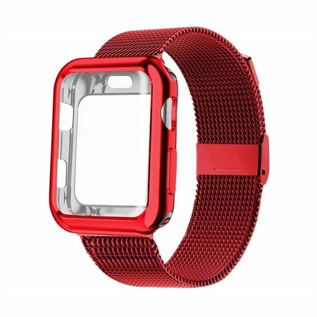 ALMNVO Compatible with Apple Watch Band 42mm Stainless Steel Milanese Loop Band with Screen Protector Case for Apple Watch Series 3 2 1,red