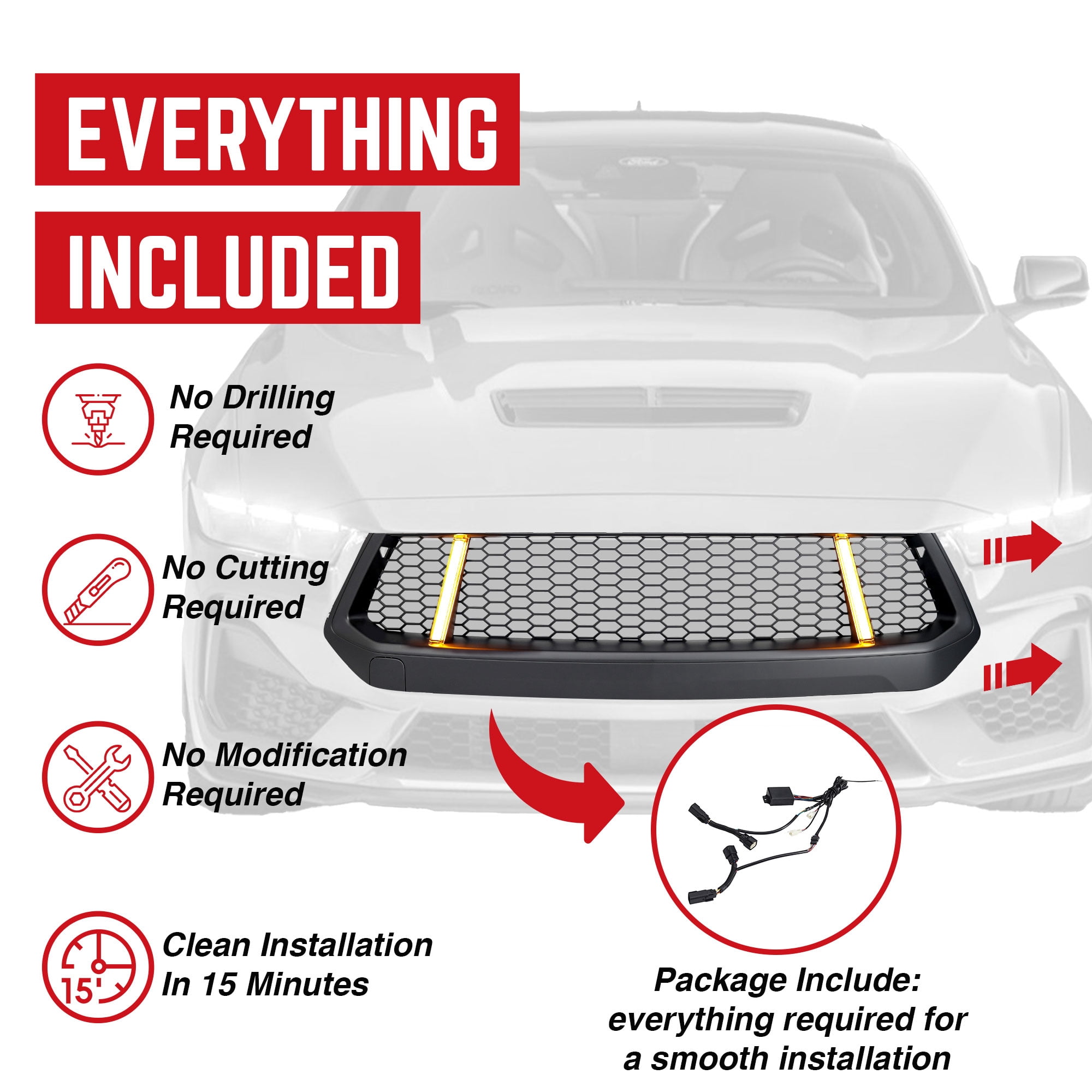 AMERICAN MODIFIED Front Grille w/LED DRL for 2024+ Mustang EcoBoost & GT