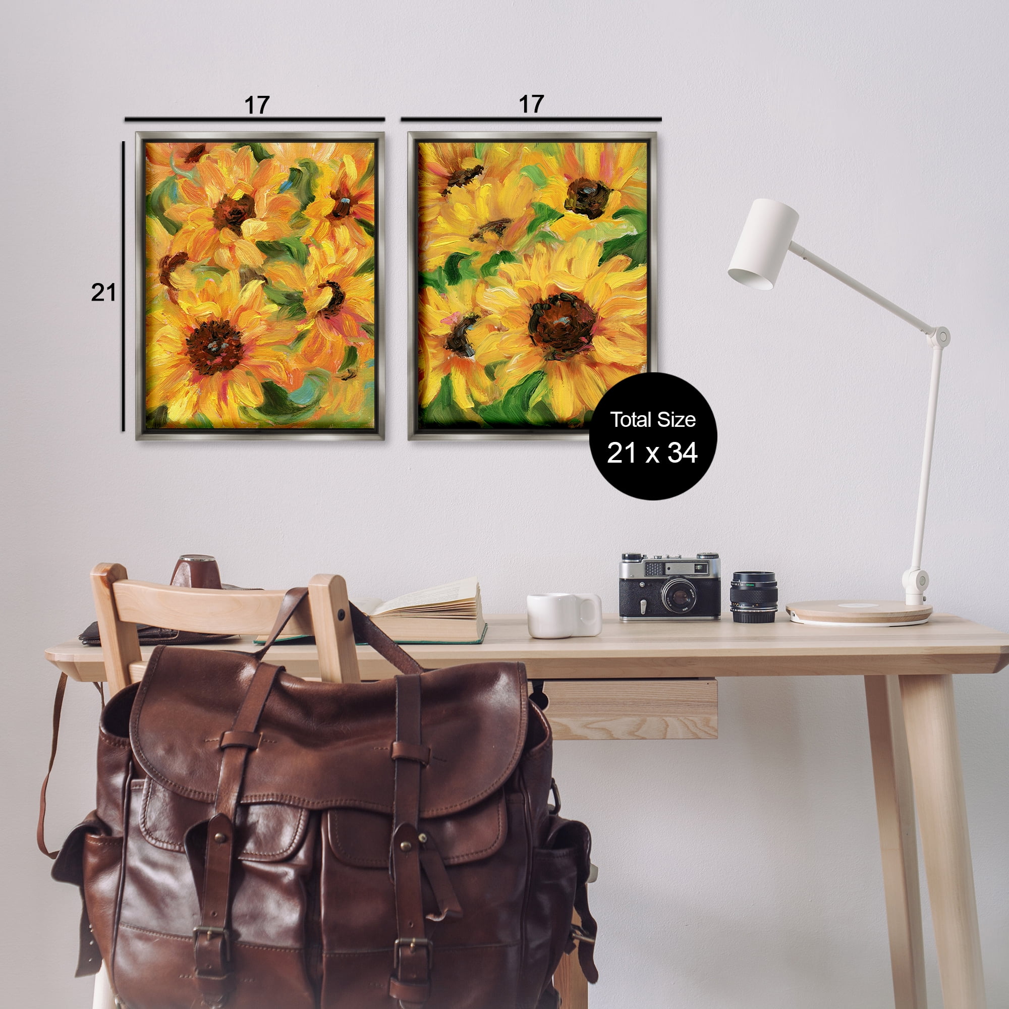 Stupell Industries Abstract Large Sunflower Blooms Plants & Flowers Painting Gray Floater Framed Canvas Art Print Wall Art, 17 x 21, Set of 2