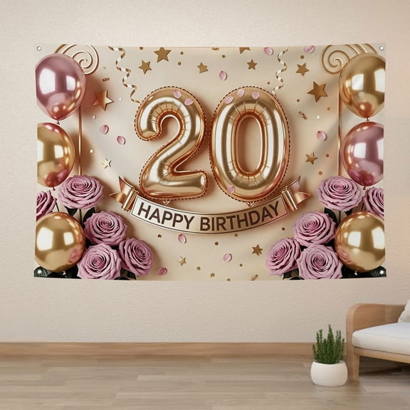 Elegant 20th Birthday Backdrop Pink Golden Balloons Number 20 Photography Background Pink Purple Floral 20th Happy Birthday Party Decorations Banner Supplies Photo Booth Props