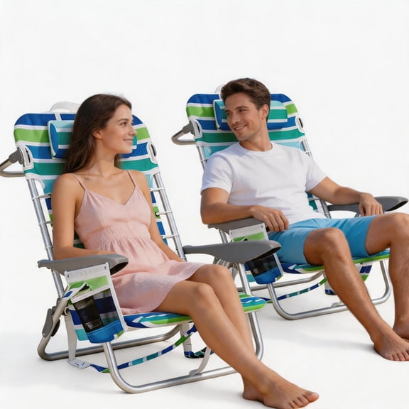 GARVEE Backpack Beach Chair, Cup Holders & Headrest, Set of 2, 24.4 x 25.2 x 29.92",Ocean Striped