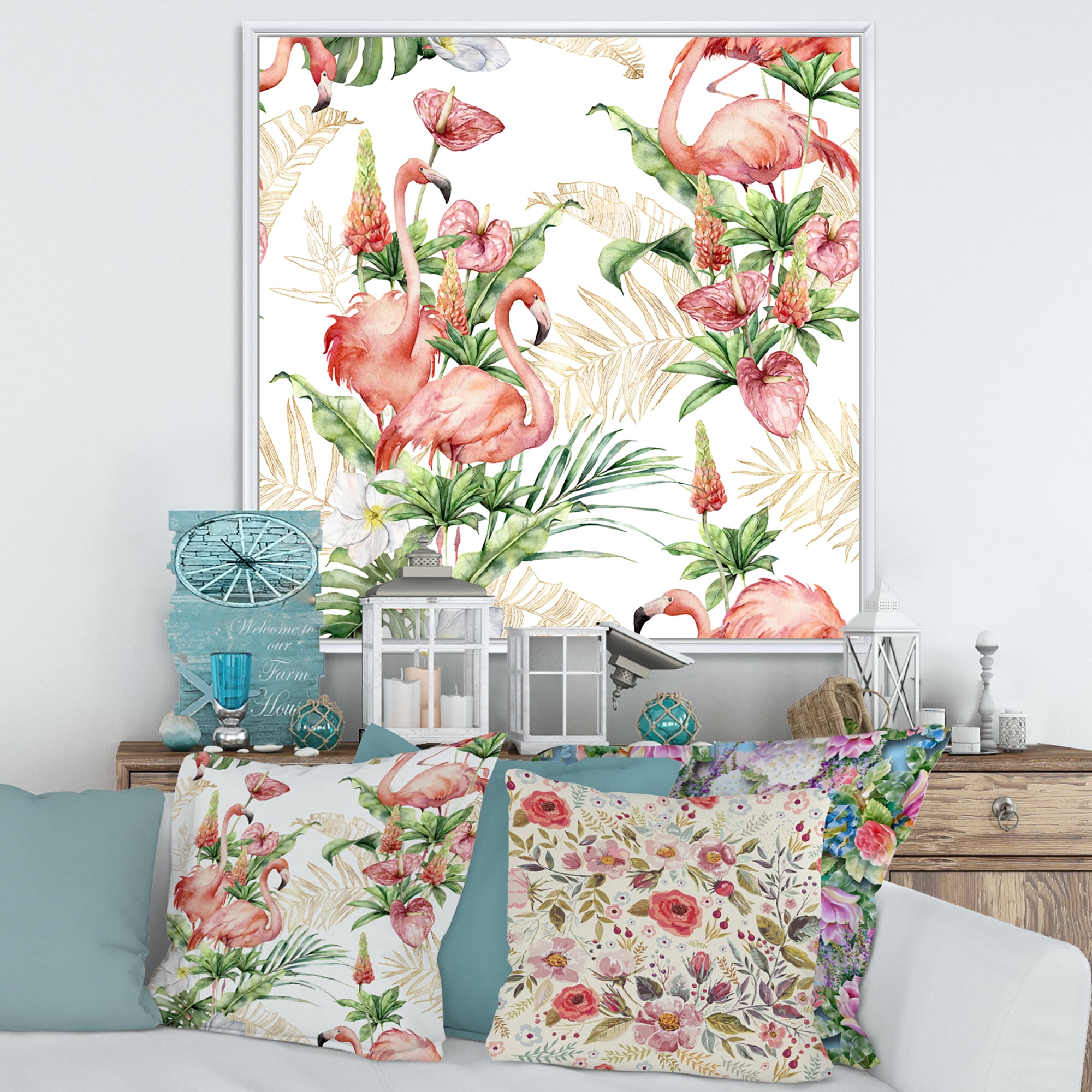 Designart 'Tropical Flowers & Gold Leaves With Pink Flamingos' Traditional Framed Canvas Wall Art Print