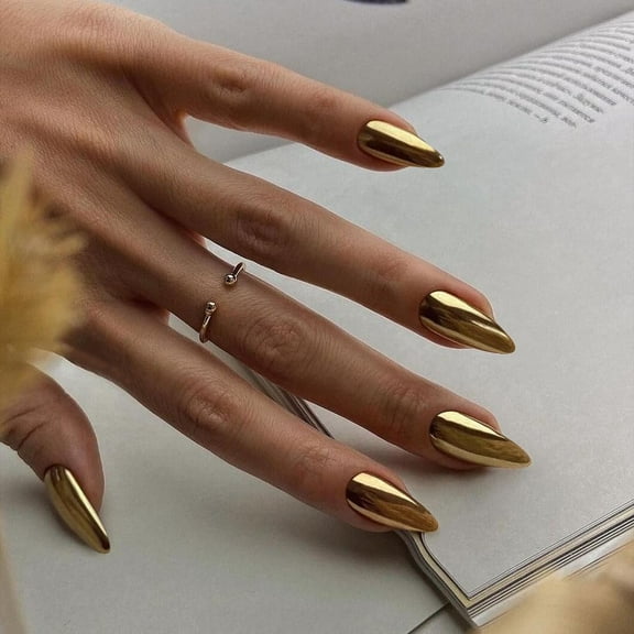 24 Acrylic Press on Nails,Gold Chrome Press On Nails Medium Almond,Acrylic Nails Glue Stickers,Medium Length Stick on Nails Press ons Fake Gel Nails,False Nails for Women(Gold)