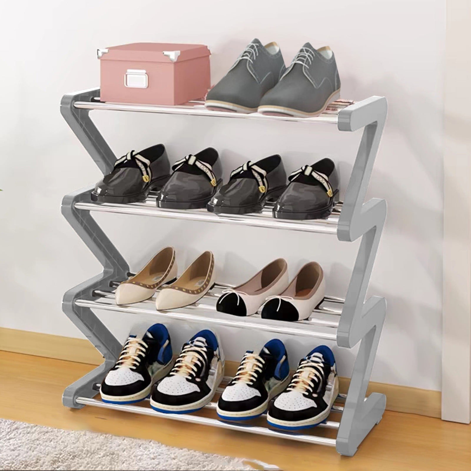 AUHomi 4-Tier Shoe Rack Organizer, Shoe Storage Rack for Entrance, Z Shaped Shoe Organizer, Free Standing Lightweight Shoe Shelf for Home, Room, Front Door, Space-Saving, Gray