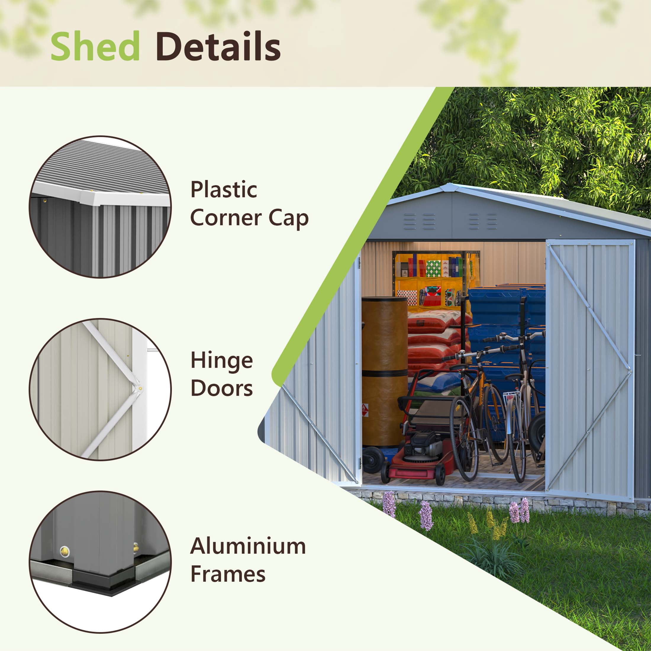 LZBEITEM 10 x 12 ft. Outdoor Storage Shed with Floor Frame Kit, Galvanized Steel Garden Shed, Metal Tool Sheds with Double Lockable Doors for Backyard Patio Lawn, Gray