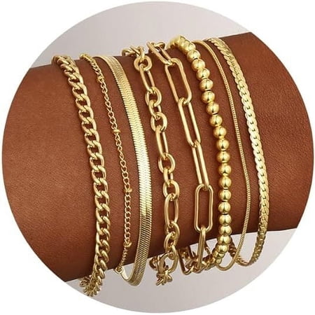 Gold Bracelets for Women 14K Gold Plated Dainty Bracelets Set Layered Chain Bracelets Pack Jewelry