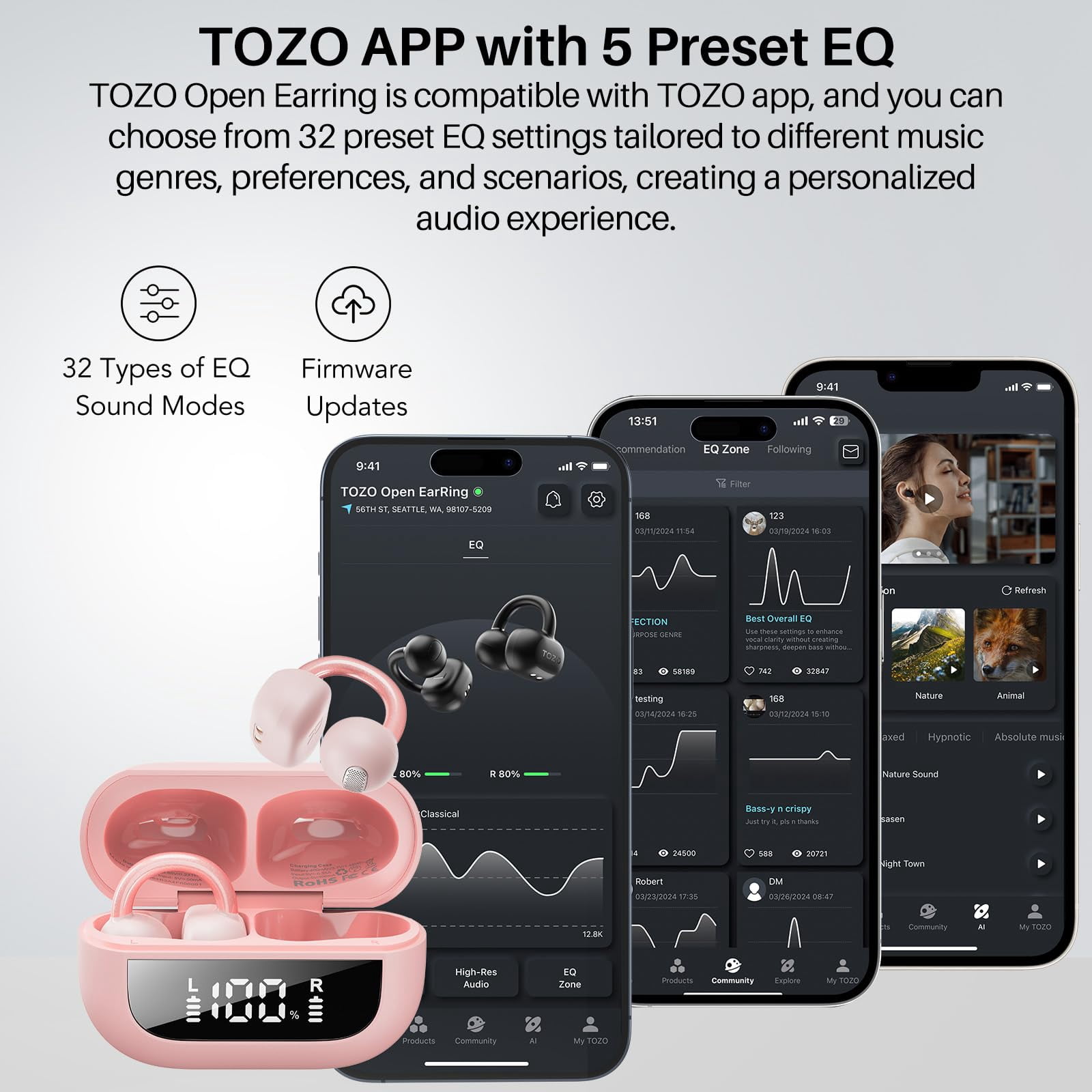 TOZO OpenEarRing True Open Ear Earbuds, Lightweight Comfort Open Ear Clip Wireless Earbuds, 40H Play Bluetooth 5.4 Headphones with Smart Digital Display Design Fit Sports Running, Workout Pink