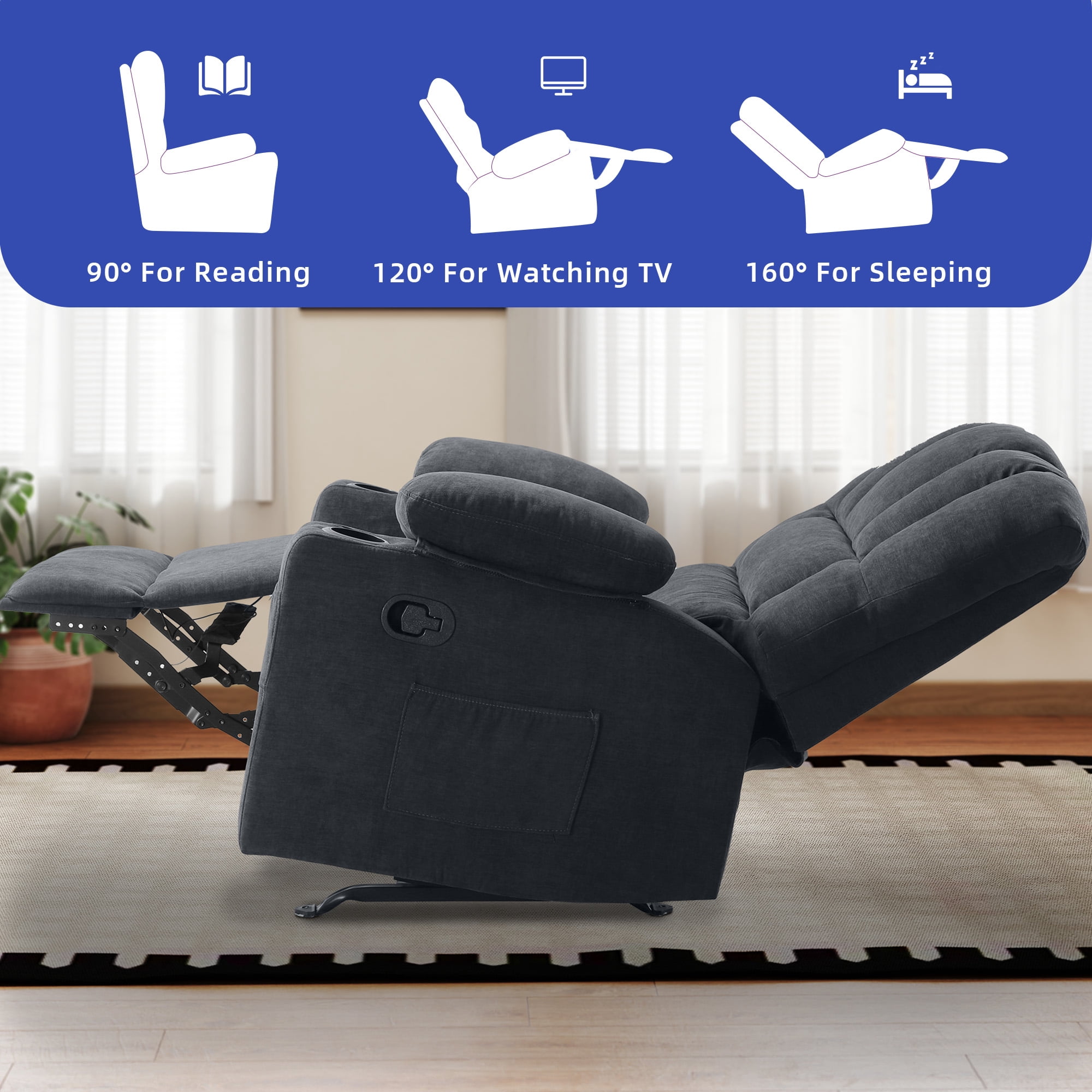 Uforic Gray Fabric Recliner Chair with Massage and Heat, Glider Rocker Recliner Chair, Manual Rocking Chair with 2 Integrated Cup Holders, USB Charging Port, and Handy Side Pocket