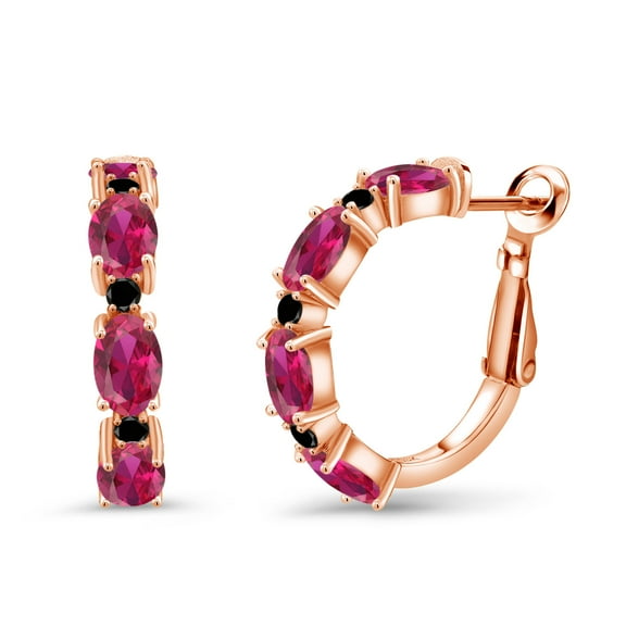Gem Stone King 4.20 Ct Oval Red Created Ruby Black Diamond 18K Rose Gold Plated Silver Hoop Earrings