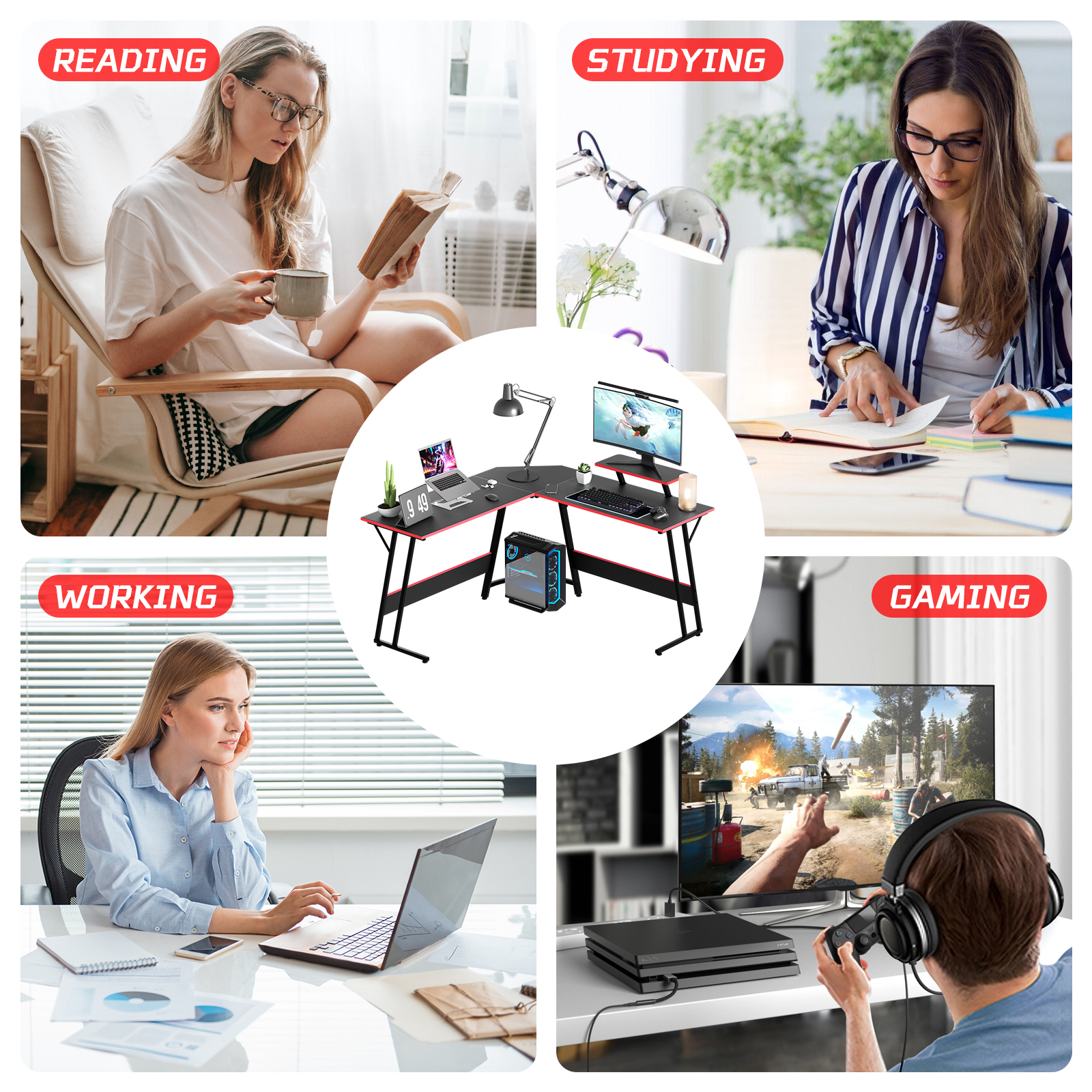 Dkelincs L Shaped Gaming Desk, 50.4" Corner Computer Desk PC Game Table with Monitor Stand Large Desktop for Home Office Study Writing Workstation, Black