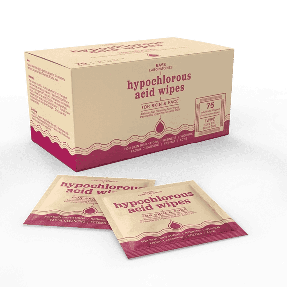 Base Laboratories Hypochlorous Acid Facial Cleansing Wipes, HOCl Face & Skin Wipes, Individually Wrapped, Unscented, 75 Count
