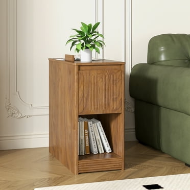 Slim Side Table with Wheels, Flip Top End Table with Charging Station & Drawer, Farmhouse Nightstand for Bedroom Small Spaces, Walnut