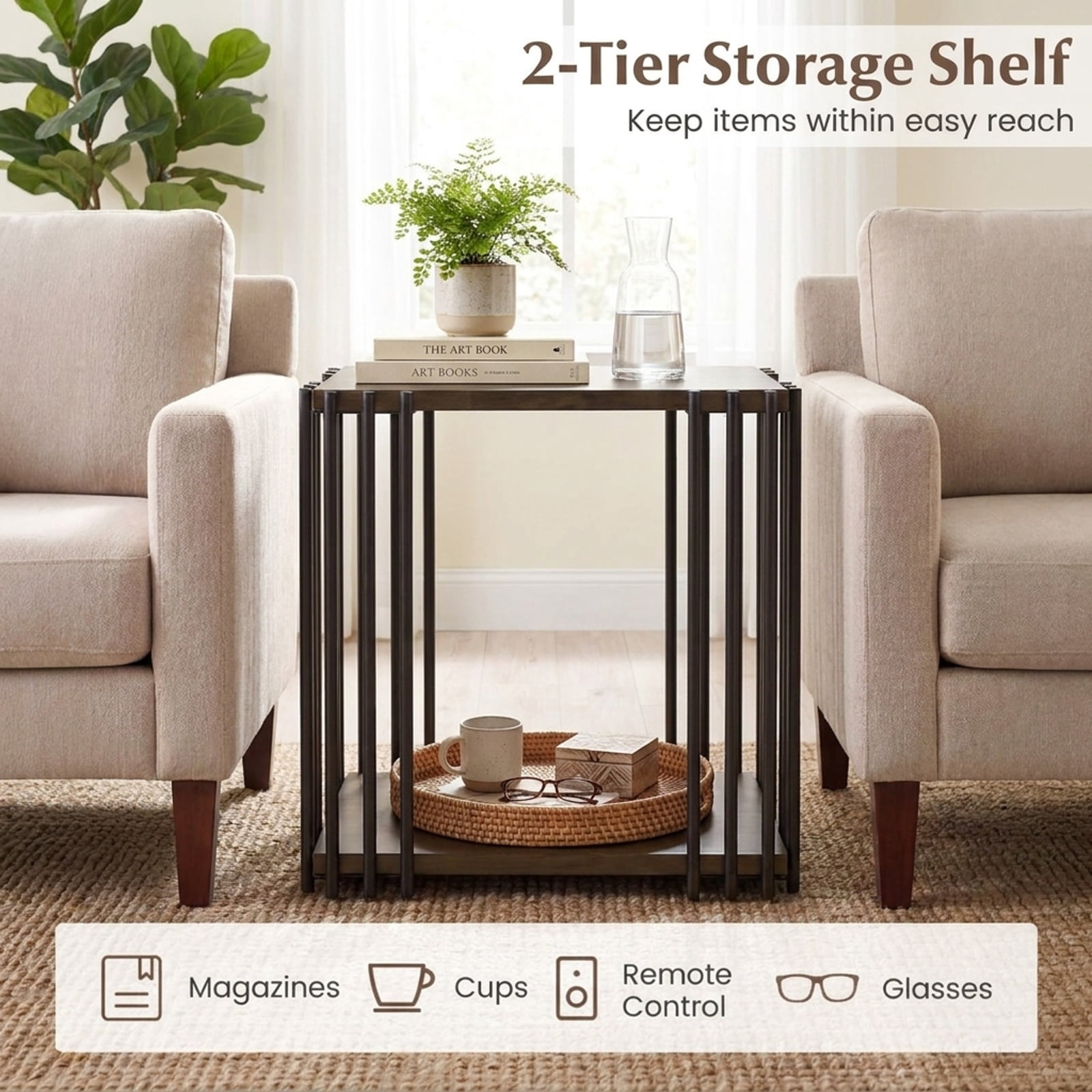 Furnibear Rubber Wood Side Table Set of 2 with 2 Layer Storage Shelves and Black Metal Frame for Living Room Bedroom and Sofa Side Storage, Walnut