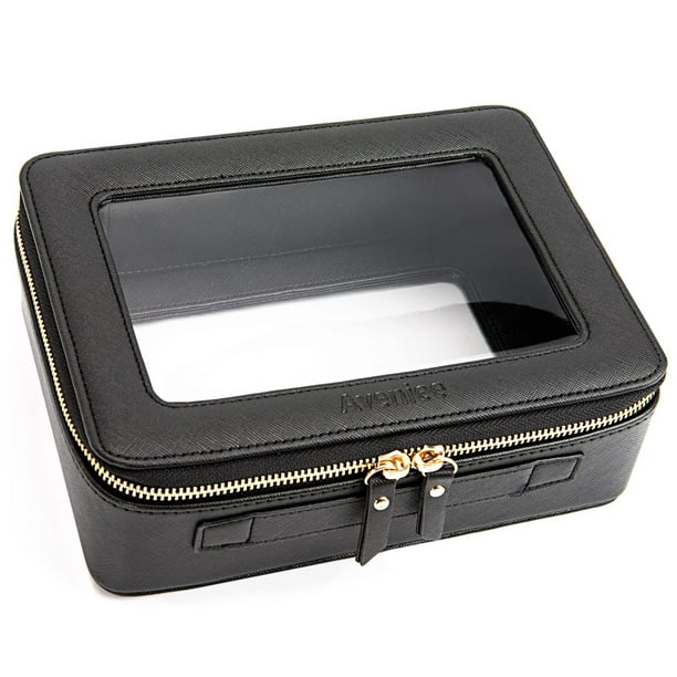Organizador de bolsas de maquillaje Aveniee, transparente, portátil, de viaje, negro