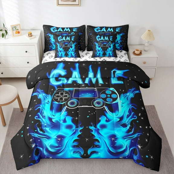 Manfei Cartoon Game Console Twin Bedding Sets 7-Piece for Boys, Black Blue Gamepad Bedding Comforter Set, Cartoon Snowflake Reversible Sheet Sets, Breathable Home Decor