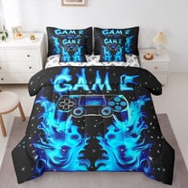 Manfei Cartoon Game Console Twin Bedding Sets 7-Piece for Boys, Black Blue Gamepad Bedding Comforter Set, Cartoon Snowflake Reversible Sheet Sets, Breathable Home Decor