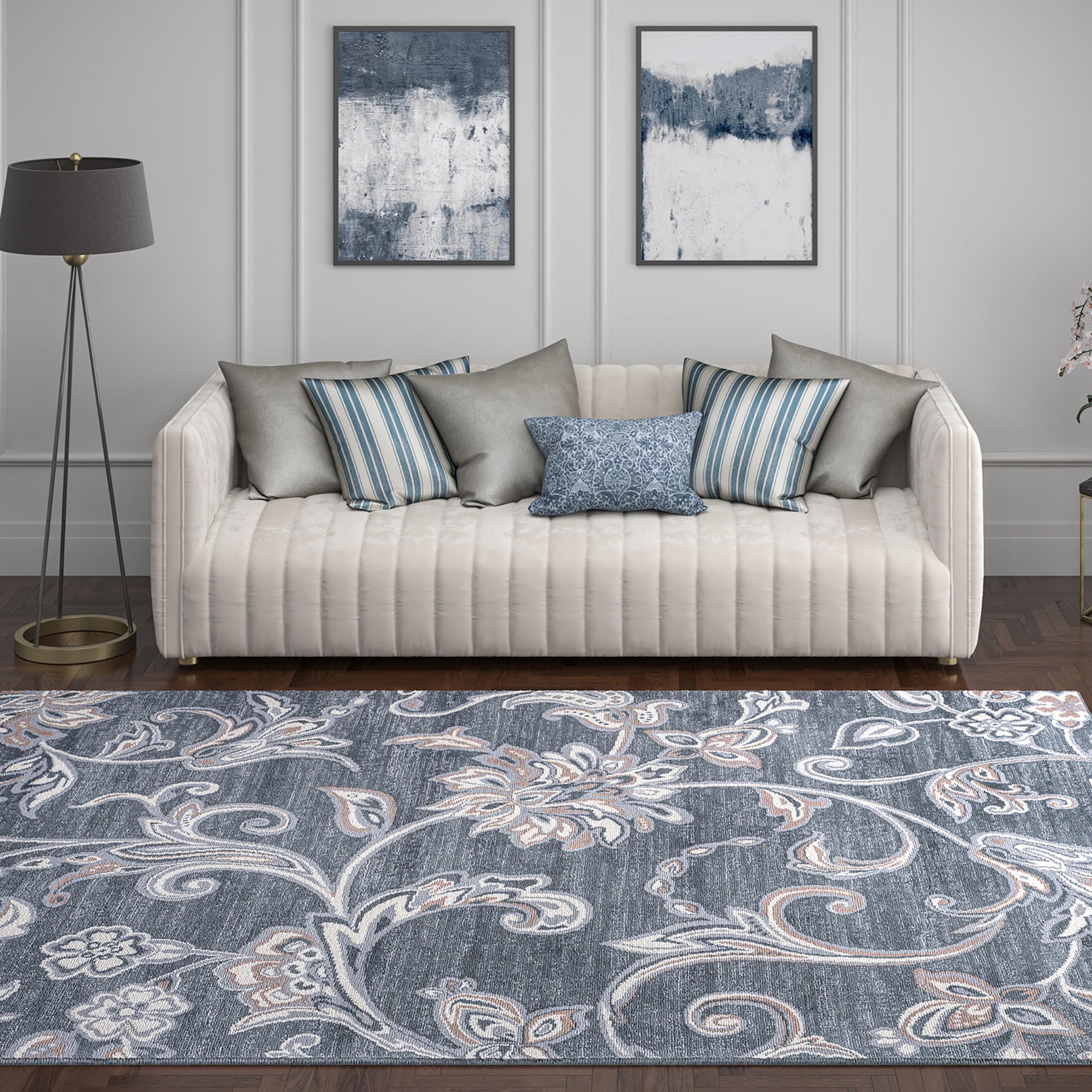Transitional 8x10 Area Rug (7'10'' x 10'3'') Floral Dark Gray, Cream Living Room Easy to Clean