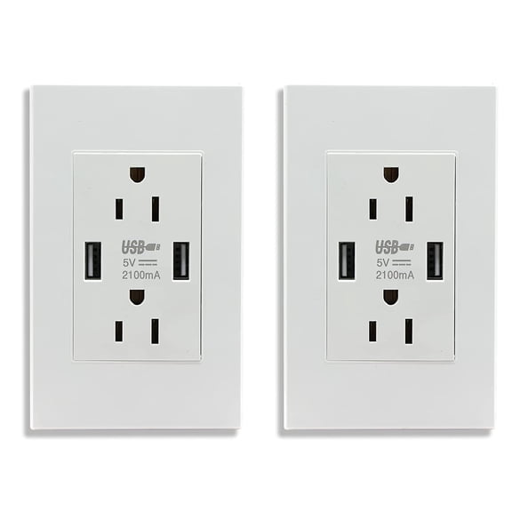 BSEED USB Charger Wall Outlet,2.1A Dual USB Ports Wall Charger Outlet,15A Outlets Receptacles,Electrical USB Socket with Wall Plate,White-2Pack