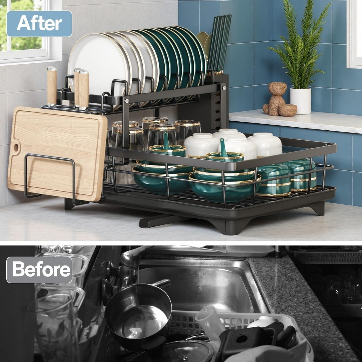 2-Tier Dish Drying Rack, Carbon Steel Dish Rack with Utensil Holder & Removable Drip Tray, Space Saving Kitchen Counter Organizer