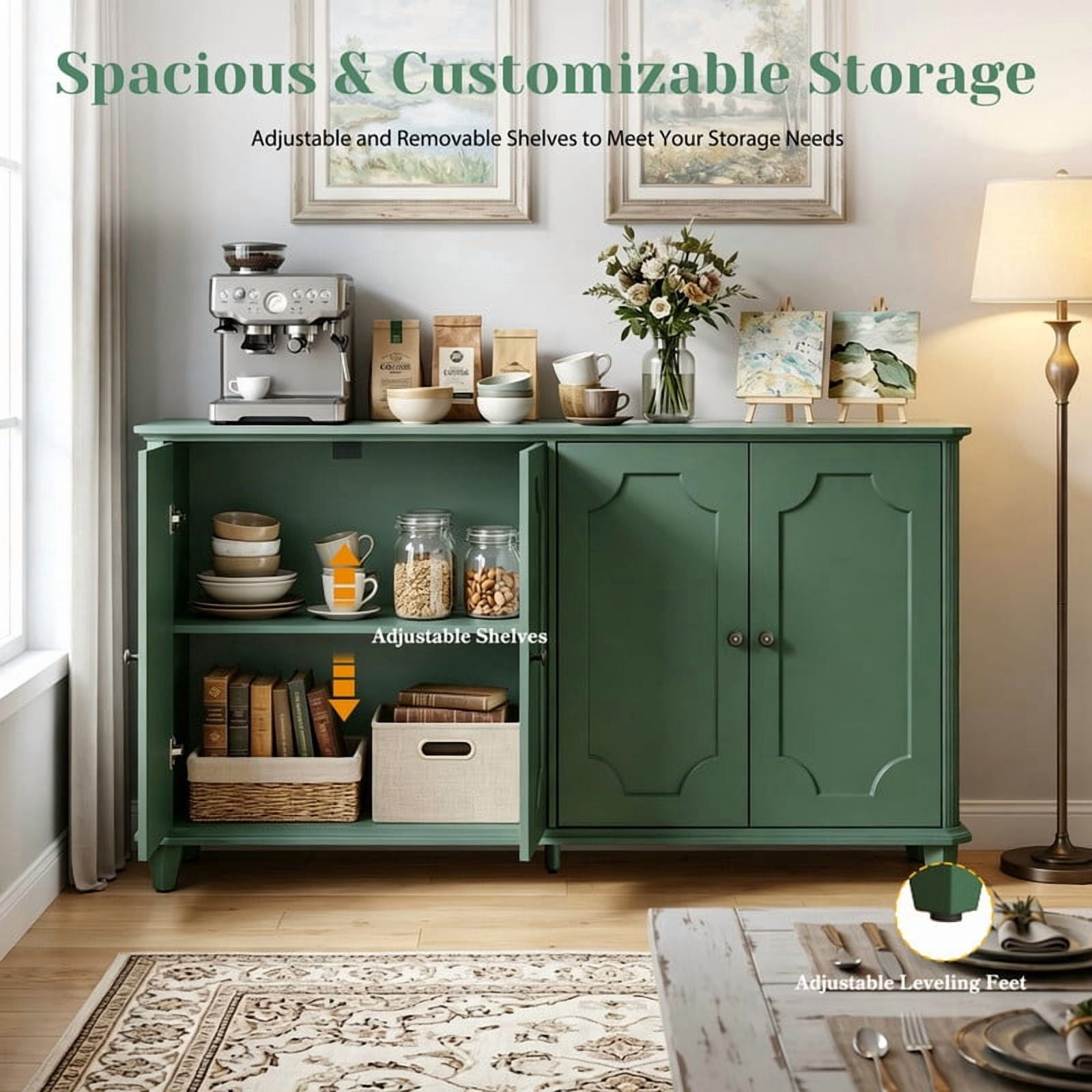 Vintage Farmhouse Buffet Sideboard Cabinet, 4 Embossed-Door Storage Cupboard, Versatile Cabinet with Adjustable Shelf