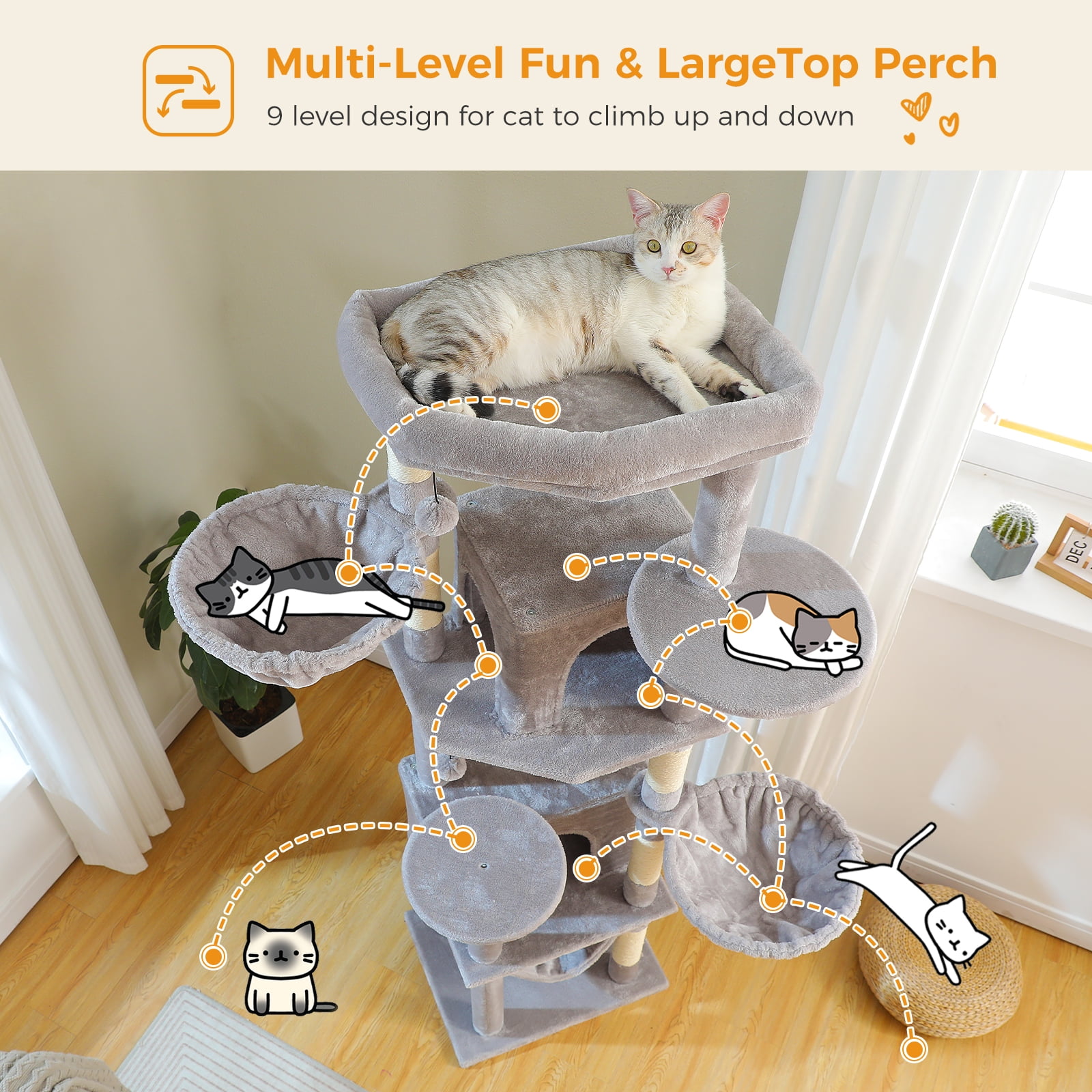 Pefilos 70" Tall Cat Tree Tower with Hammock, 5 Scratching Posts, 2 Condos and a Large Top Perches for Large Cats, Gray