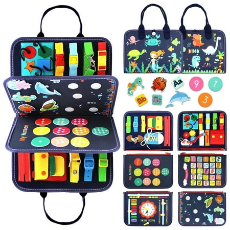 Busy Board Montessori Toy for 1 2 3 4 Years Old Educational Activity Sensory Board Preschool Learning Fine Motor Skills Toys Toddler Travel Toy for Plane Car Gift for Boys Girls (Blue/P4)