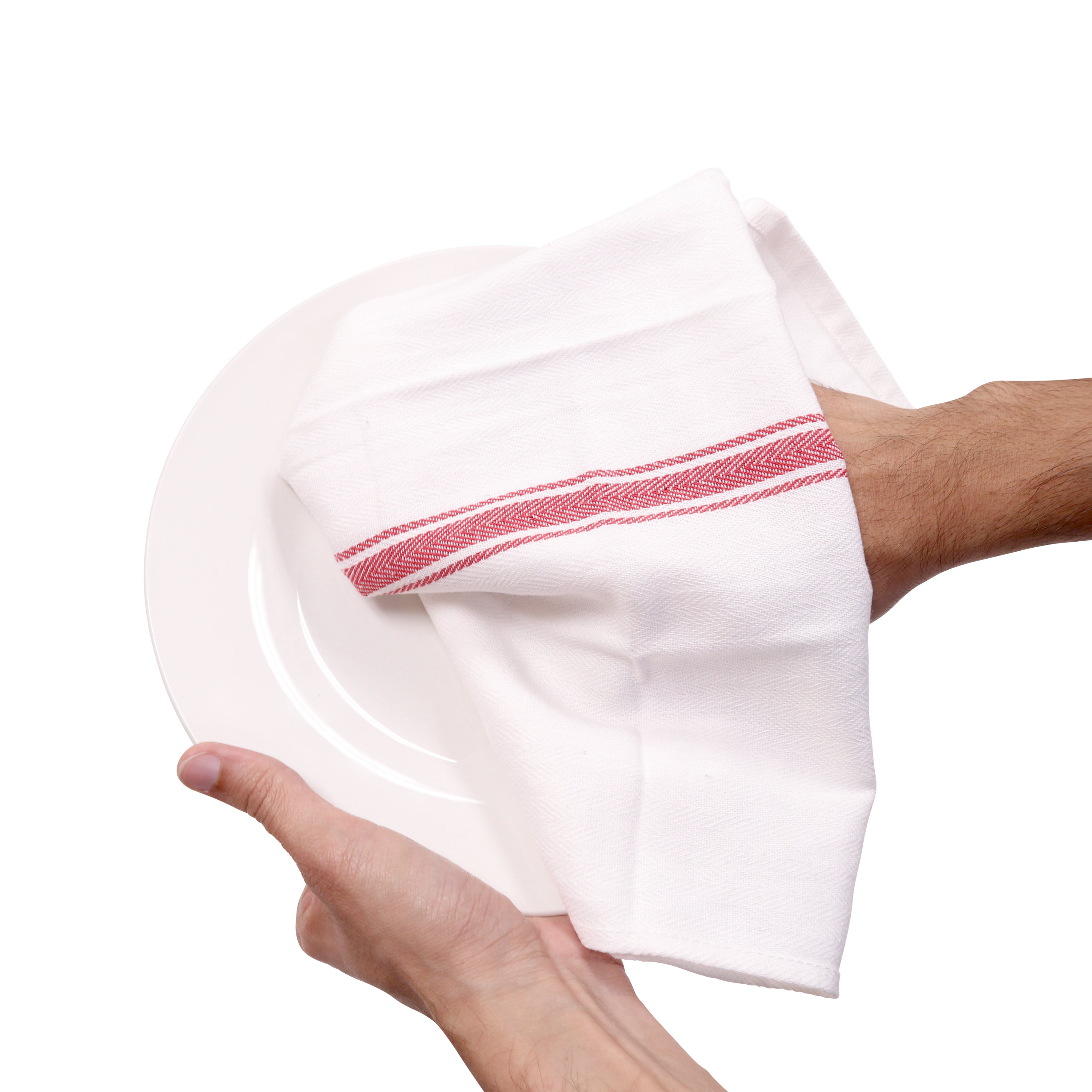 Arkwright Kitchen Herringbone Tea Towels, Pack of 12, White with Red Stripe, 100% Cotton, 15 x 25 in